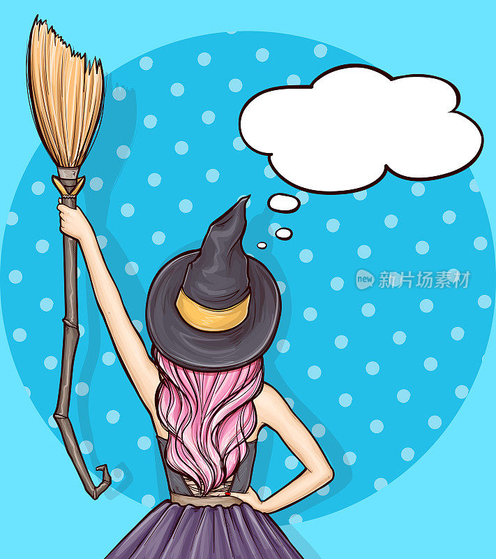 Pop art girl in halloween witch costume with broom